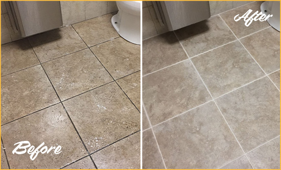 Before and After Picture of a St. Augustine Restroom Tile and Grout Cleaned to Remove Soil