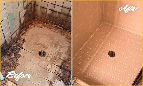 Before and After Picture of a Hilliard Shower Tile and Grout Cleaned to Repair Water Damage