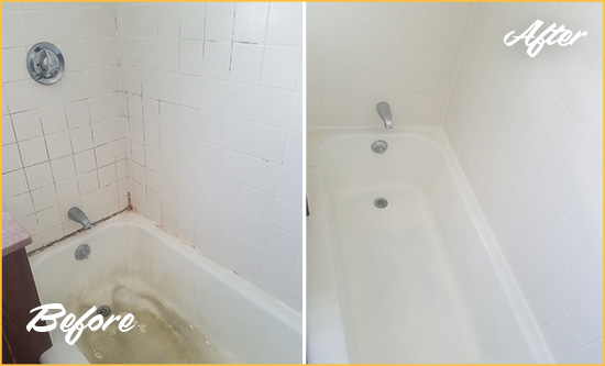 Before and After Picture of a Neptune Beach Bathtub Caulked to Repair Cracks