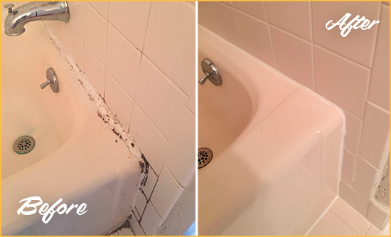 Before and After Picture of a Hastings Bathroom Sink Caulked to Fix a DIY Proyect Gone Wrong