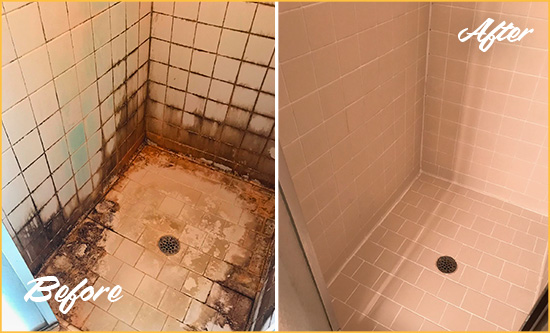 Before and After Picture of a Palencia Shower Caulked to Fix and Prevent Water Damage