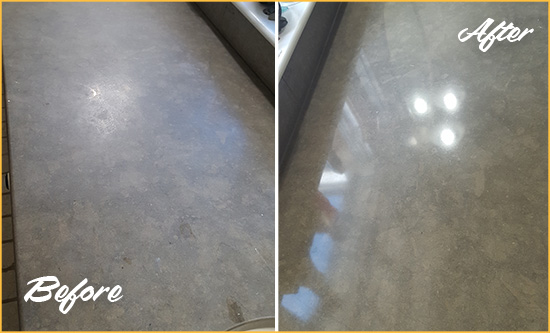 Before and After Picture of a Dull Orange Park Limestone Countertop Polished to Recover Its Color