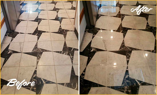 Before and After Picture of a Dull Nocatee Marble Stone Floor Polished To Recover Its Luster