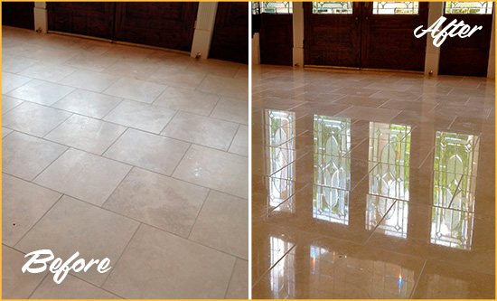 Before and After Picture of a Dull Orange Park Travertine Stone Floor Polished to Recover Its Gloss