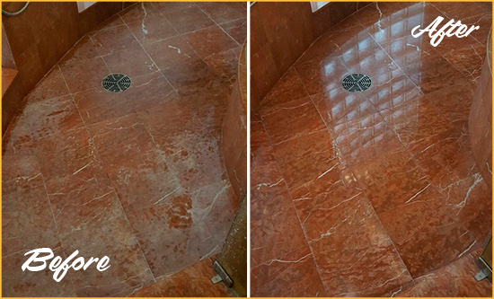 Before and After Picture of a Palm Valley Marble Stone Shower Polished to Eliminate Mineral Deposits