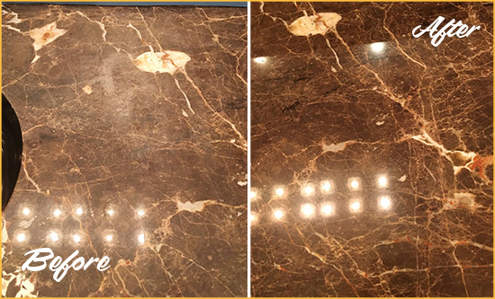 Before and After Picture of a Yulee Marble Stone Countertop Polished to Eliminate Stains