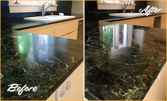 Before and After Picture of a Palencia Marble Stone Counter Polished to Eliminate Water Marks