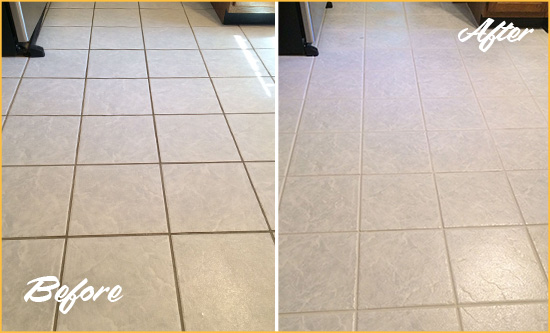 Before and After Picture of a Jacksonville Beach Kitchen Ceramic Floor Sealed to Protect From Dirt and Spills