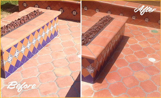 Before and After Picture of a Dull Fruit Cove Terracotta Patio Floor Sealed For UV Protection