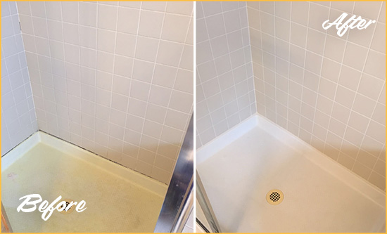 Before and After Picture of a Crescent Beach Shower Sealed to Remove and Protect Against Mold