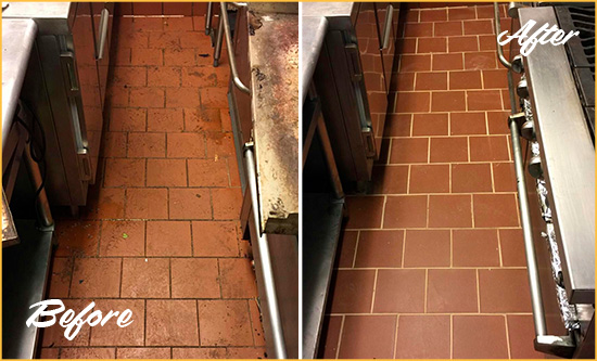 Before and After Picture of a Palencia Restaurant Kitchen Floor Sealed to Remove Soil