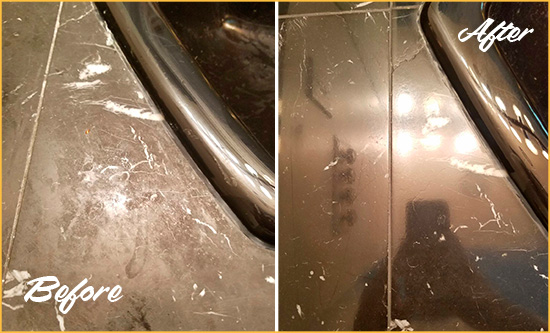 Before and After Picture of a Crescent Beach Marble Countertop Cleaned to Remove Deep Dirt