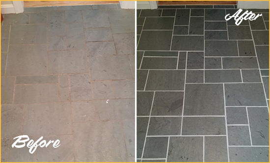 Before and After Picture of a Crescent Beach Slate Floor Cleaned to Remove Deep-Seated Dirt
