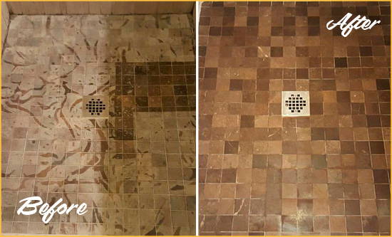Before and After Picture of a Stained Hibernia Marble Shower Floor Cleaned to Remove Etching