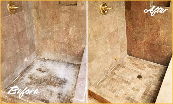 Before and After Picture of a Amelia City Travertine Shower Cleaned to Eliminate Water Spots