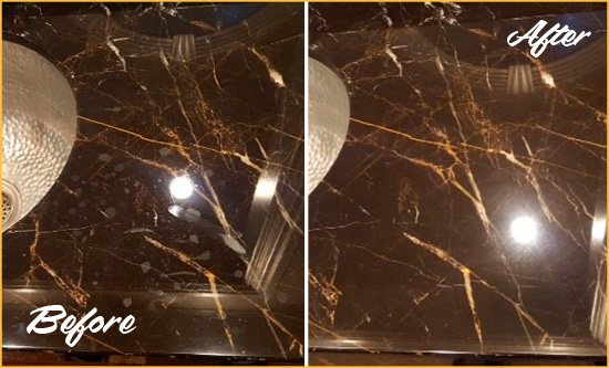 Before and After Picture of a Callahan Marble Countertop Cleaned to Remove Water Spots