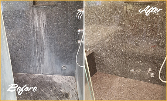Before and After Picture of a Palencia Granite Shower Stone Sealed to Avoid Mineral Deposits