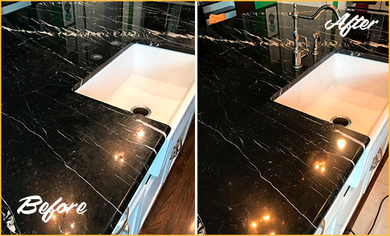 Before and After Picture of a Baldwin Marble Kitchen Countertop Stone Sealed to Avoid Water Damage