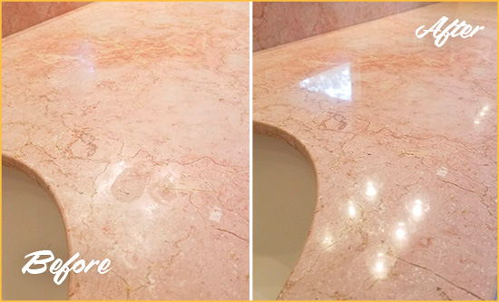 Before and After Picture of a Ponte Vedra Beach Marble Stone Vanity Top Sealed to Avoid Water Marks