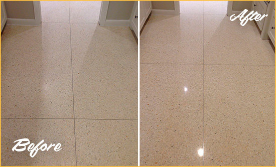 Before and After Picture of a Dull Lakeside Granite Floor Honed to Recover Its Sheen