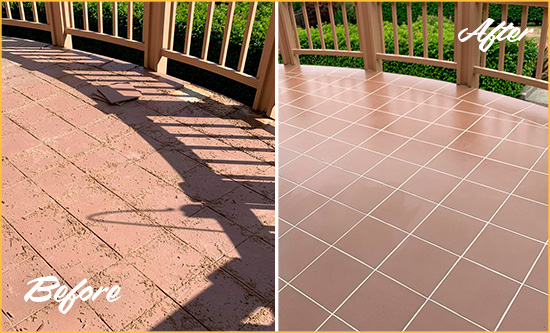 Before and After Picture of a St. Augustine Hard Surface Restoration Service on a Tiled Deck