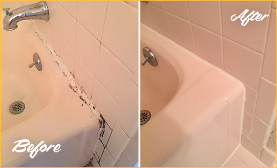 Before and After Picture of a Jacksonville Beach Hard Surface Restoration Service on a Tile Shower to Repair Damaged Caulking