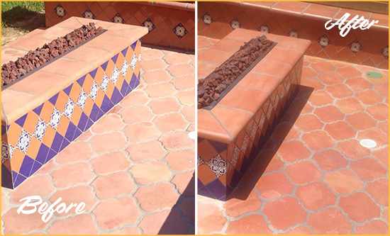 Before and After Picture of a Baldwin Hard Surface Restoration Service on a Dull Terracotta Patio Floor to Recover Its Color