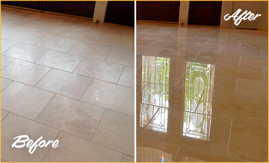 Before and After Picture of a St. Johns Hard Surface Restoration Service on a Dull Travertine Floor Polished to Recover Its Splendor