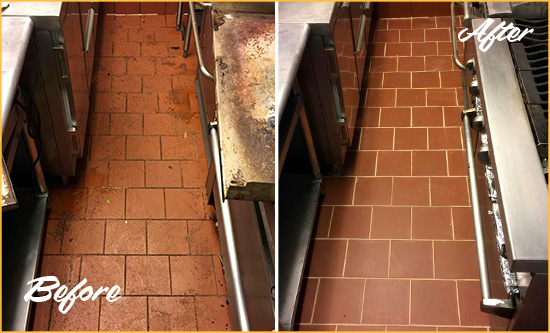 Before and After Picture of a Fleming Island Hard Surface Restoration Service on a Restaurant Kitchen Floor to Eliminate Soil and Grease Build-Up