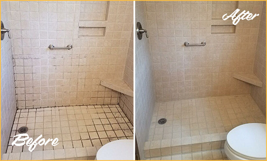 Before and After Picture of a Green Cove Springs Shower Grout Cleaned to Remove Mold