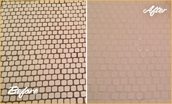 Before and After Picture of a Yulee Mosaic Tile floor Grout Cleaned to Remove Dirt