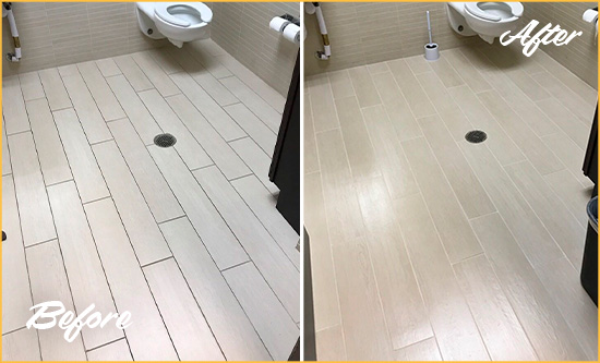 Before and After Picture of a Fleming Island Office Restroom's Grout Cleaned to Remove Dirt