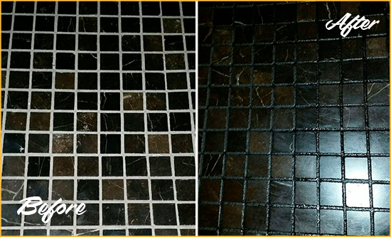 Before and After Picture of a Jacksonville Beach Black Floor with Recolored Grout