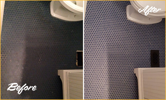 Before and After Picture of a Fruit Cove Blue Tile Floor Recolored Grout