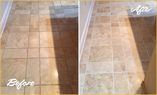 Before and After Picture of a Jacksonville Beach Travertine Kitchen Floor Recolored Grout