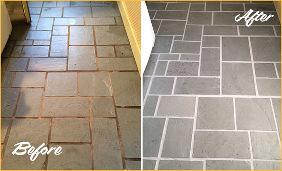 Before and After Picture of Damaged Neptune Beach Slate Floor with Sealed Grout