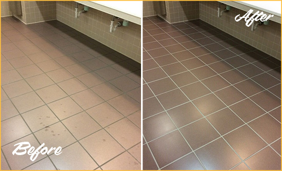 Before and After Picture of Dirty Hastings Office Restroom with Sealed Grout
