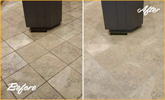 Before and After Picture of a Switzerland Kitchen Floor Grout Sealed to Remove Stains