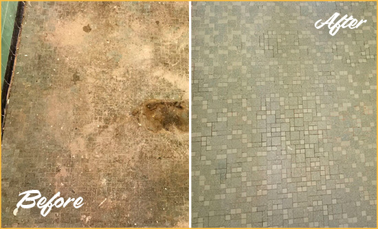 Before and After Picture of a Green Cove Springs Mosaic Shower Cleaned to Eliminate Embedded Dirt