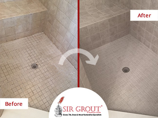 Before and After Picture of a Shower Grout Cleaning in Jacksonville Beach, FL