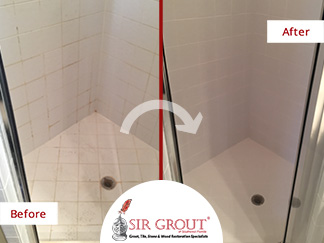 Before and After Picture of a Shower Tile and Grout Cleaning in Jacksonville, FL
