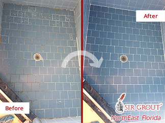 Before and After Picture of a Dirty Shower Restored with a Grout Cleaning in Jacksonville, Florida