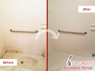 Before and after Picture of a Master Shower in Orange Park, Florida, after a Grout Cleaning Service