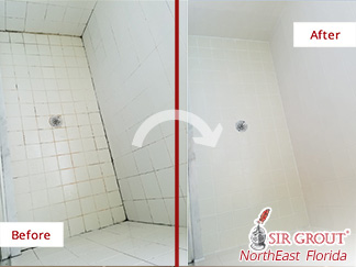 Before and after Picture of This Shower after a Grout Cleaning Service in Orange Park, Fl