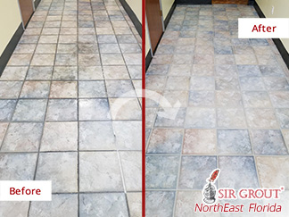Before and after picture of a grout sealing job in Jacksonville, FL