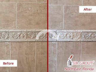 Picture of a Tile Wall Before and After a Grout Sealing Service in St Augustine, FL