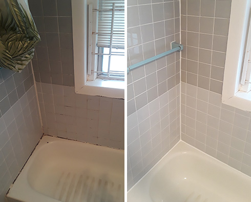 Before and After Picture of a Shower After a Grout Cleaning in Neptune Beach