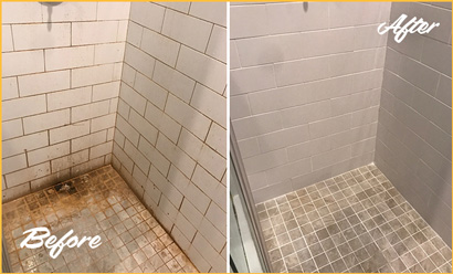 Before and After Picture of a Shower with Water Damage