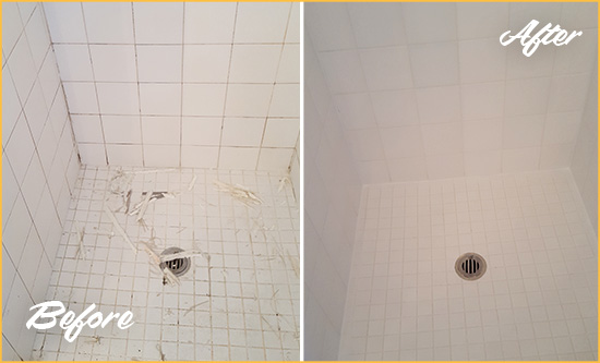 Picture of a White Shower with Damaged Caulking Before and After our Bathroom Recaulking Service
