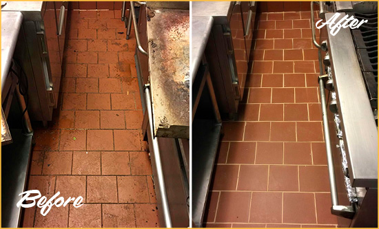 Before and After Picture of a Fruit Cove Restaurant Kitchen Tile and Grout Cleaned to Eliminate Dirt and Grease Build-Up